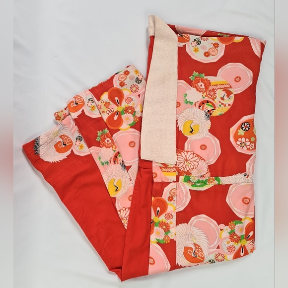 Vintage red japanese kimono, floral crane print, red pink green, handmade - Picture 14 of 14